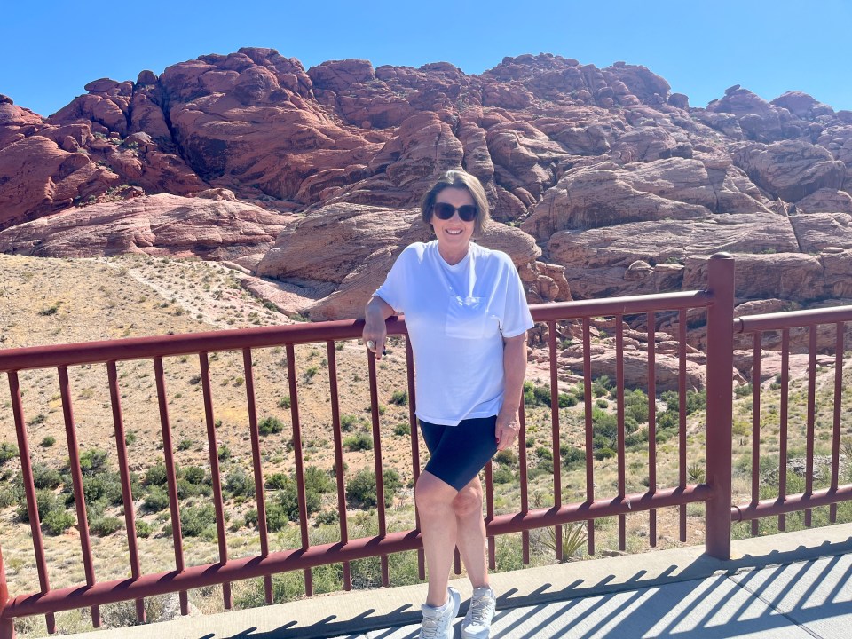 Woman standing at a railing overlooking red rock formations.