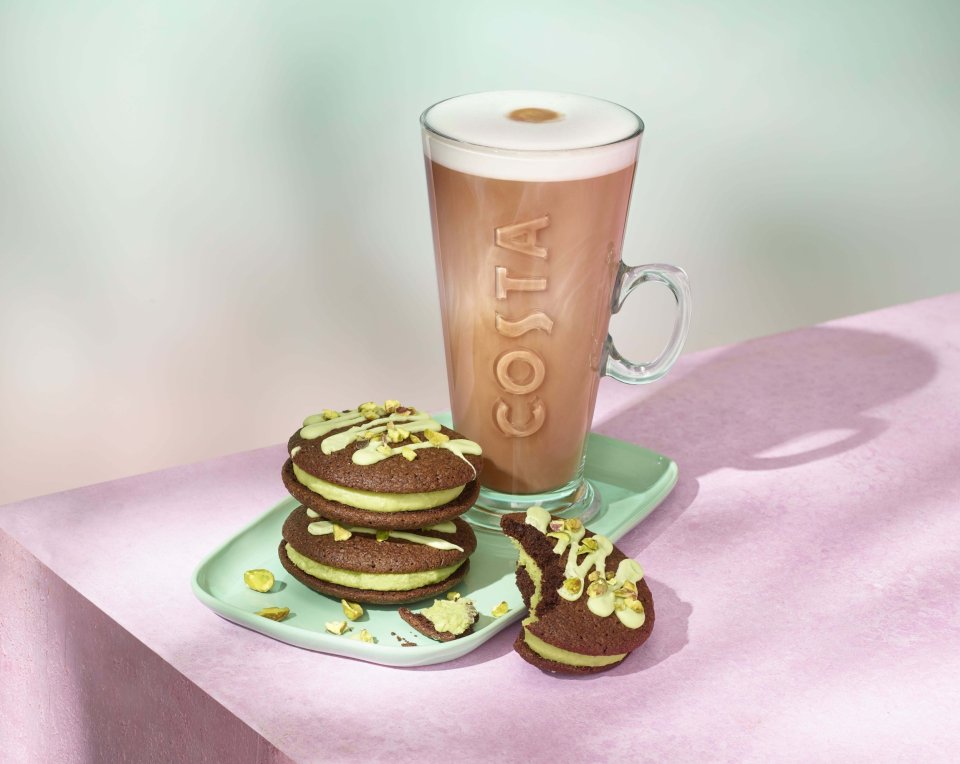 Costa Coffee's new menu featuring a latte and pistachio cookies.