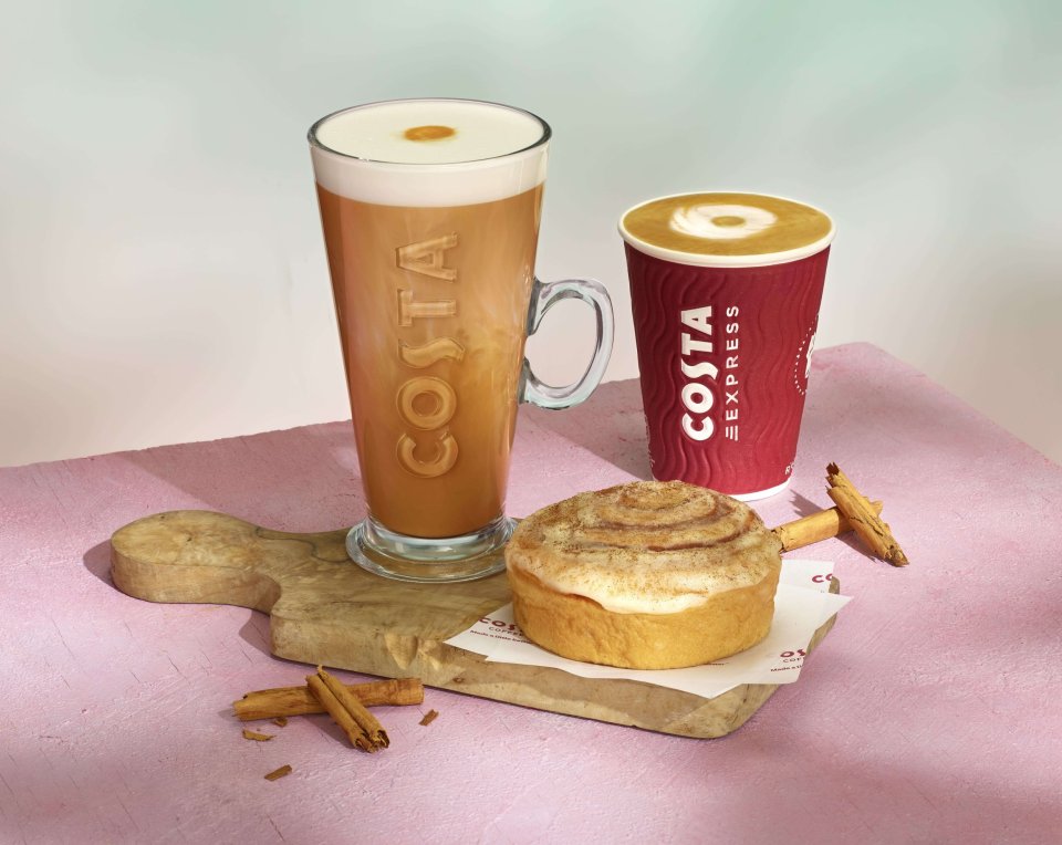 Costa Coffee new menu items: coffee drinks and a cinnamon roll.