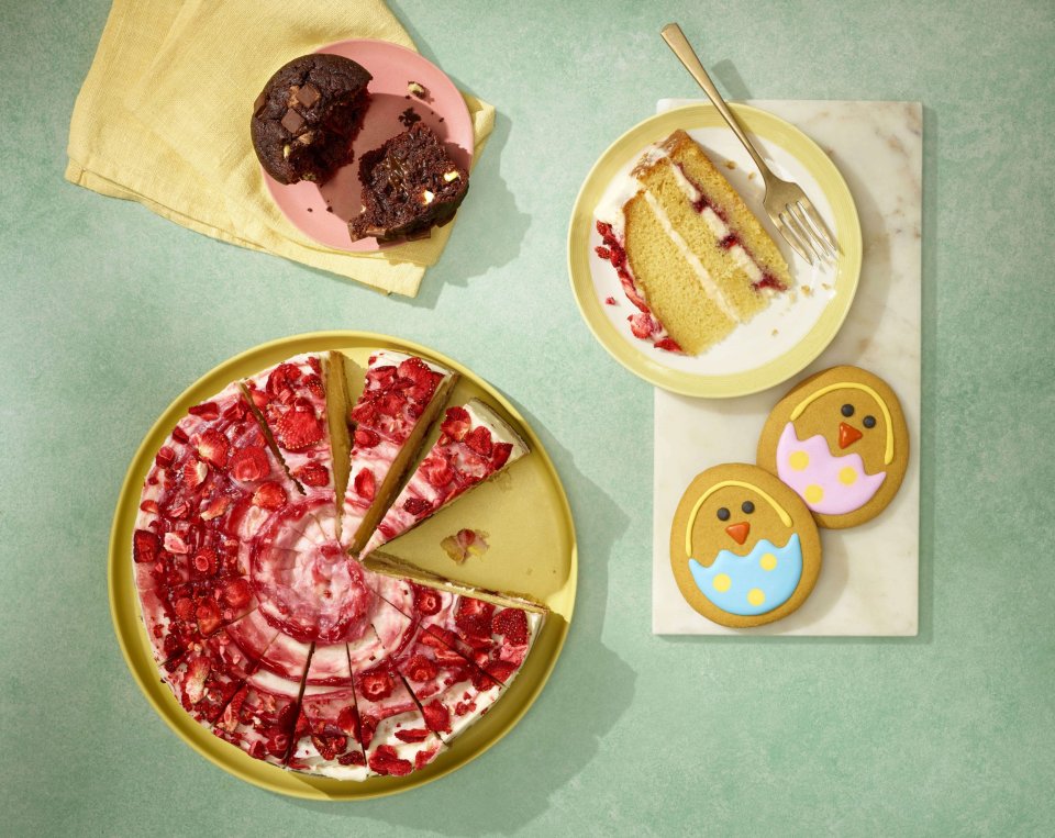 Costa Coffee new menu items: strawberry cake, Victoria sponge cake, chocolate muffin, and chick cookies.