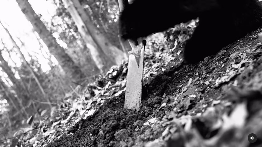 Black and white photo of a shovel digging in the ground in a forest.