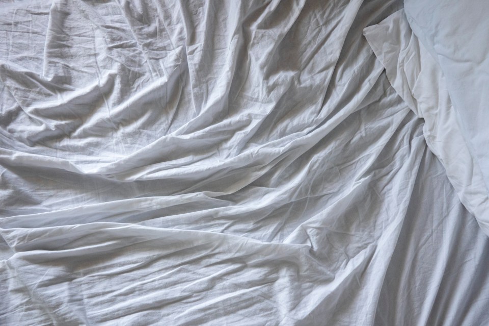 Wrinkled white sheets and pillow on a bed.