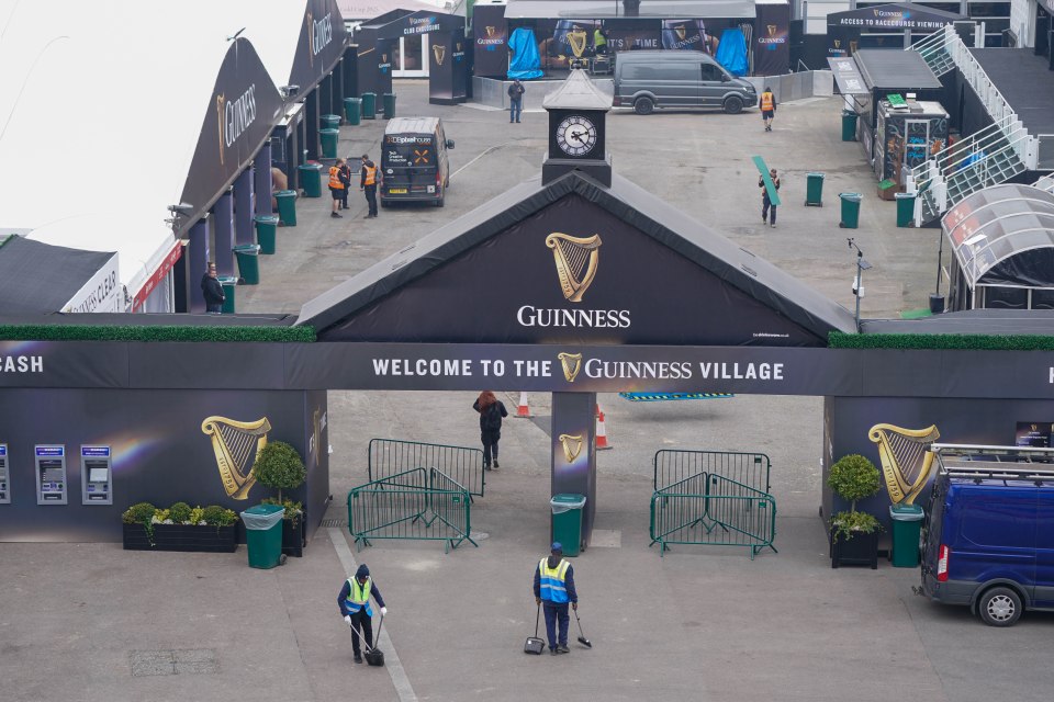 Preparations underway at Cheltenham race course on the eve of the 2025 Cheltenham festival ...Pictures show a price and the Guinness village