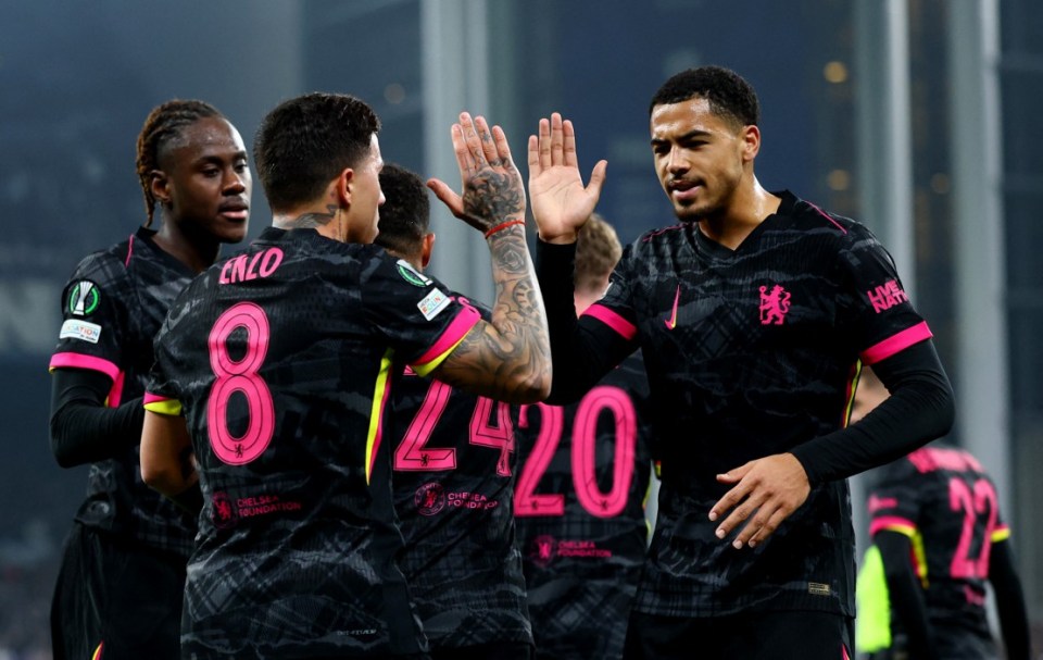 Soccer Football - Conference League - Round of 16 - First Leg - FC Copenhagen v Chelsea - Parken, Copenhagen, Denmark - March 6, 2025 Chelsea's Enzo Fernandez celebrates scoring their second goal with Levi Colwill Action Images via Reuters/Andrew Boyers