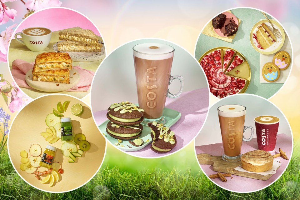 Collage of Costa Coffee Easter treats and drinks.