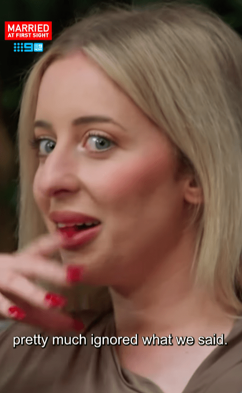 Screenshot of a woman from "Married at First Sight" looking surprised and saying, "pretty much ignored what we said."