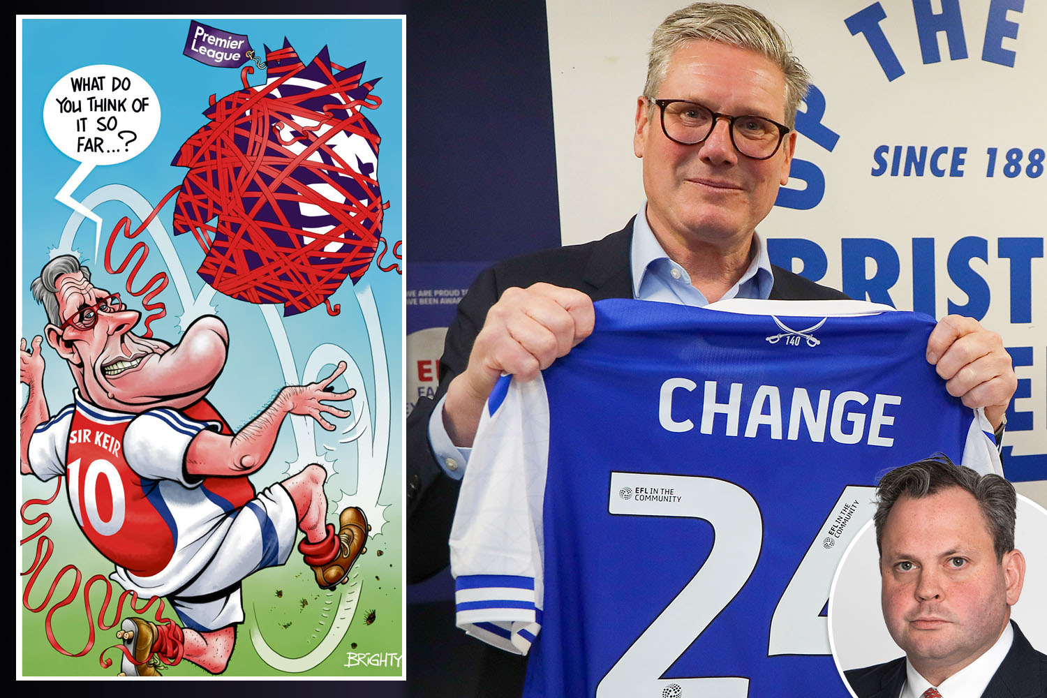 Illustration of Keir Starmer in a football jersey, alongside a photo of him holding a different jersey.