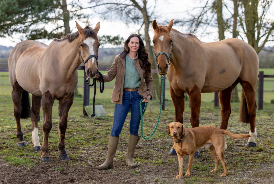 Woman standing with two horses and a dog in a field.