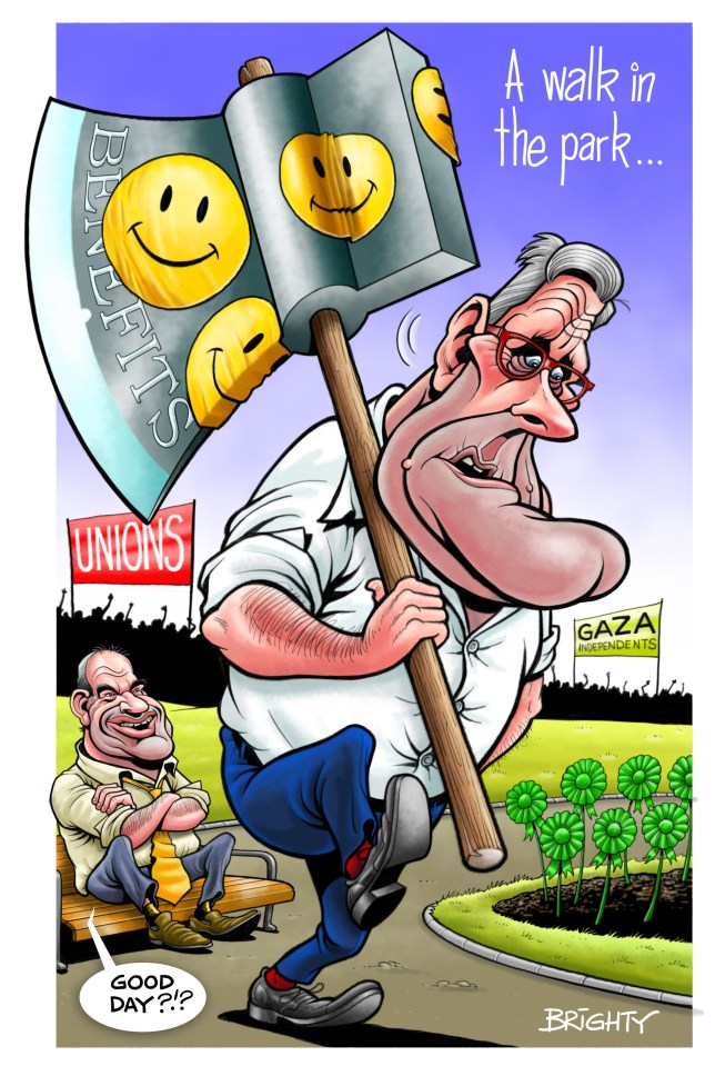 Illustration of a man carrying a large axe with smiley faces and the words "Benefits" and "Unions" on it, walking past a man sitting on a bench.