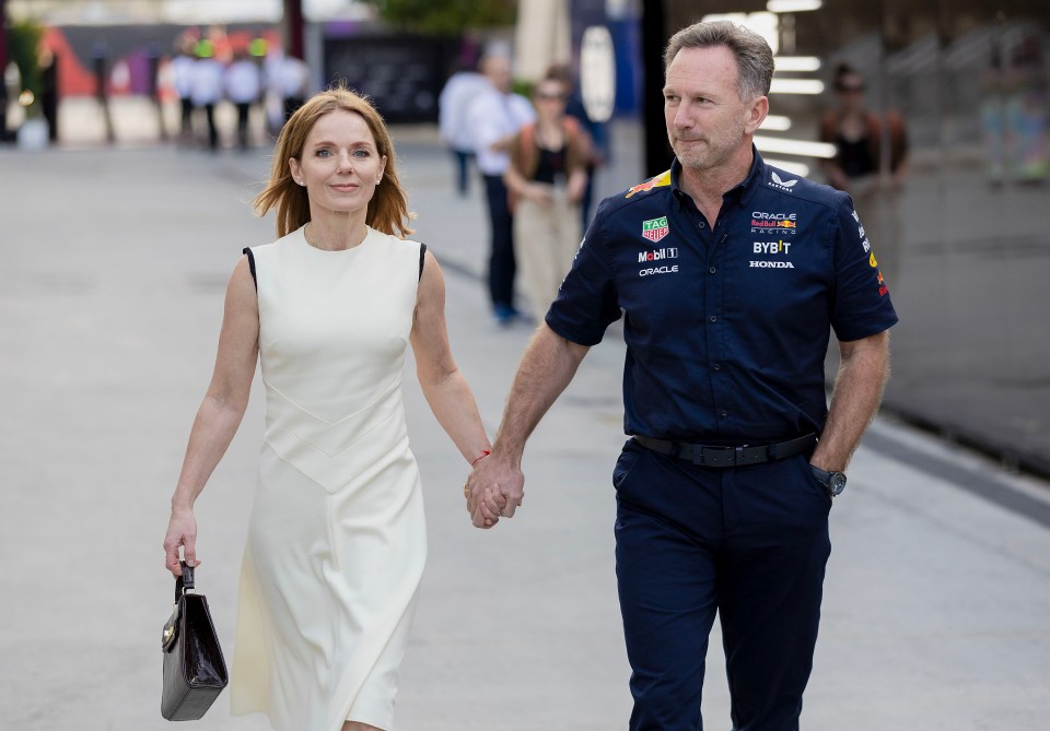 Christian Horner and Geri Halliwell holding hands.