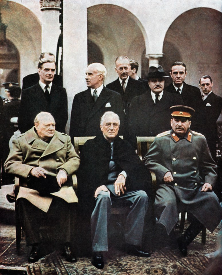 Churchill, Roosevelt, and Stalin at the Yalta Conference with their foreign ministers.