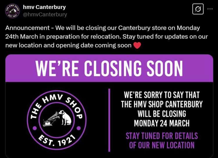 Announcement of HMV Canterbury store closure and relocation.