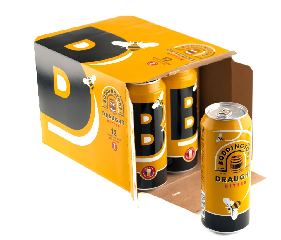 Twelve-pack of Boddingtons Draught Bitter ale cans.