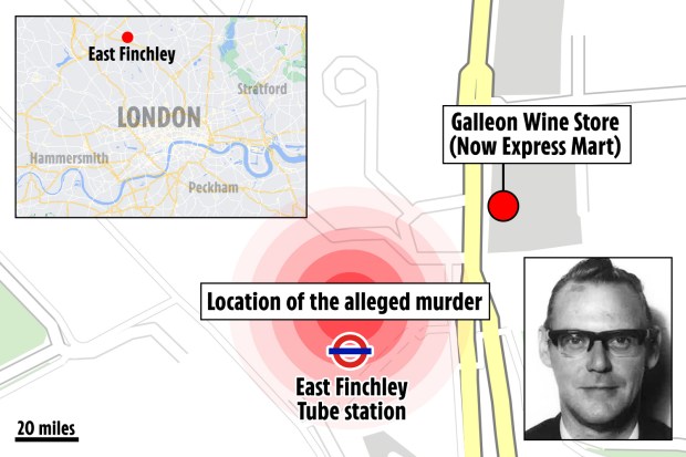 Map showing the location of an alleged murder near East Finchley Tube station in London, and a photo of a suspect.