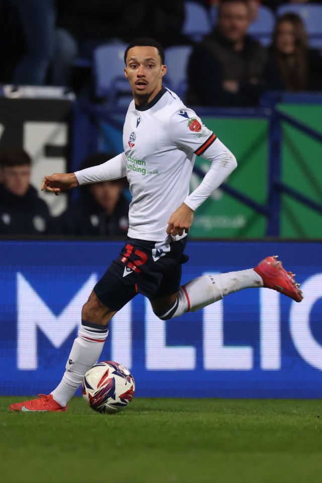 Josh Dacres-Cogley of Bolton Wanderers dribbling the soccer ball.