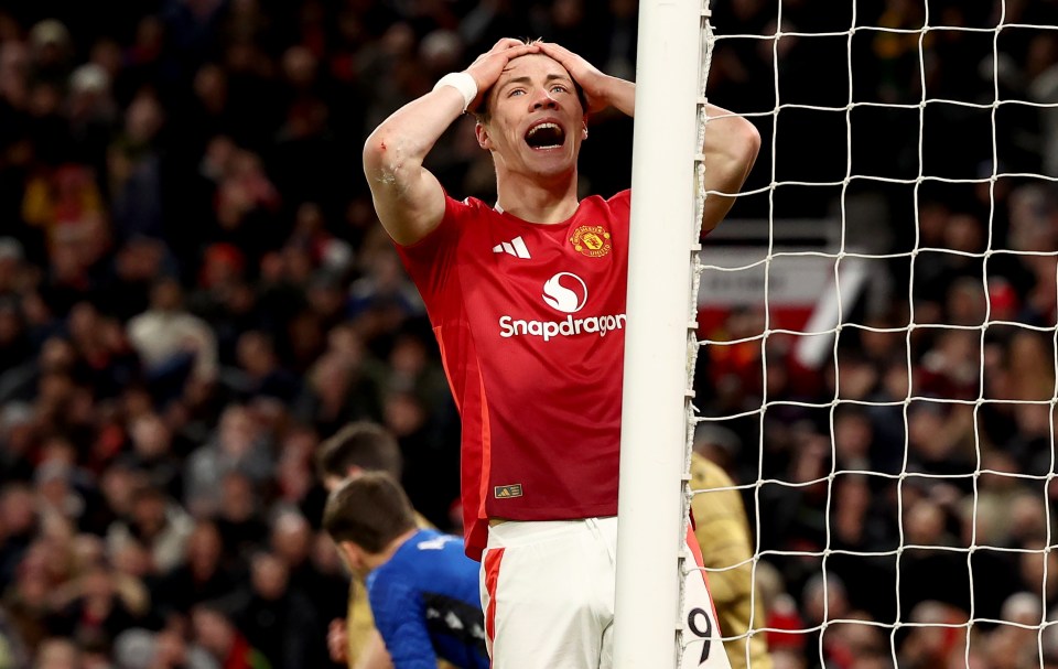 Rasmus Hojlund of Manchester United reacts after missing a goal.