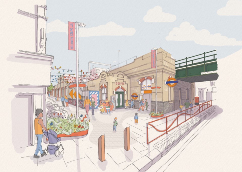 Illustration of refurbished railway arches and public realm improvements at Courtenay Place, St James Quarter.