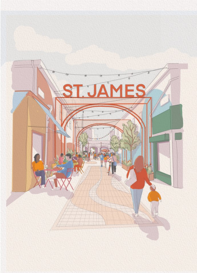 Illustration of St. James Quarter improvements, showing a pedestrian walkway with shops and people.