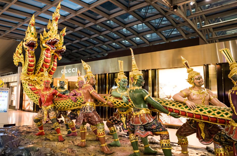 Ornate display at Suvarnabhumi Airport in Bangkok, Thailand.