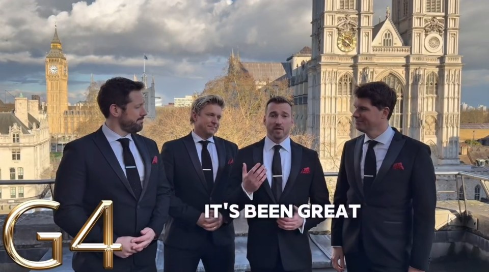 Four men in suits standing in front of Westminster Abbey, saying "It's been great."