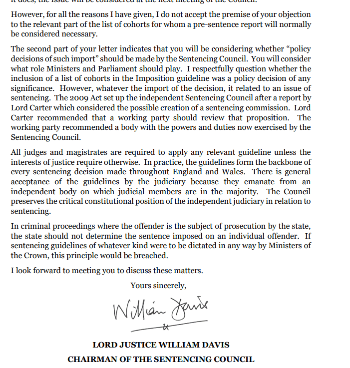 Letter from the Chairman of the Sentencing Council.