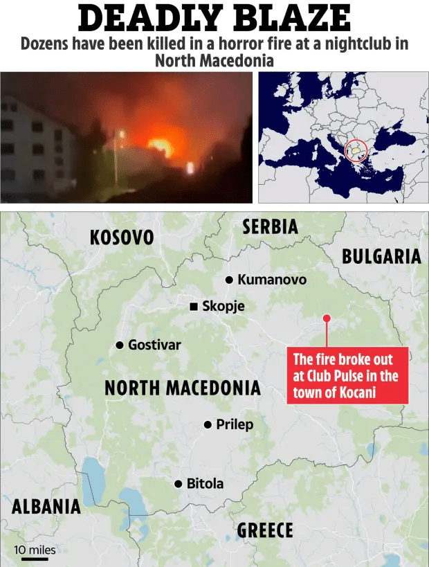 Map showing location of nightclub fire in Kocani, North Macedonia, with image of the fire.