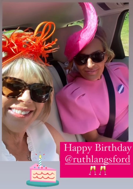 Isabel Webster and Ruth Langsford in a car, wearing hats and sunglasses; birthday message for Ruth Langsford.