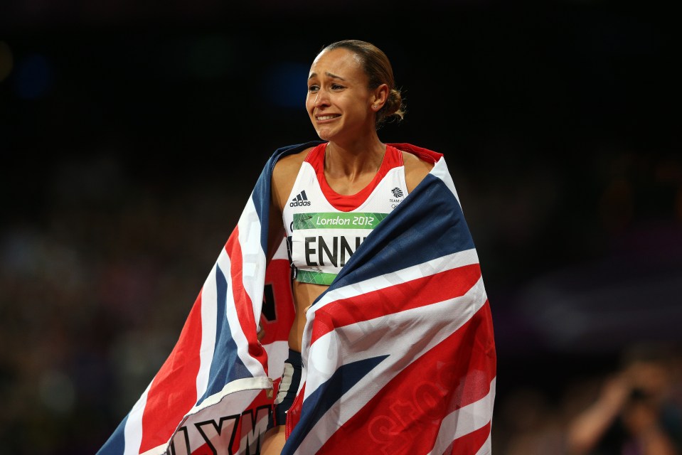 Jessica Ennis, crying, wrapped in a Union Jack after winning gold in the heptathlon.