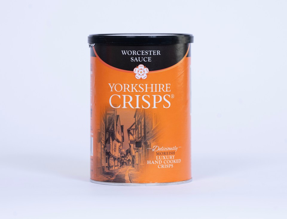 Yorkshire Crisps Worcester Sauce crisps can.