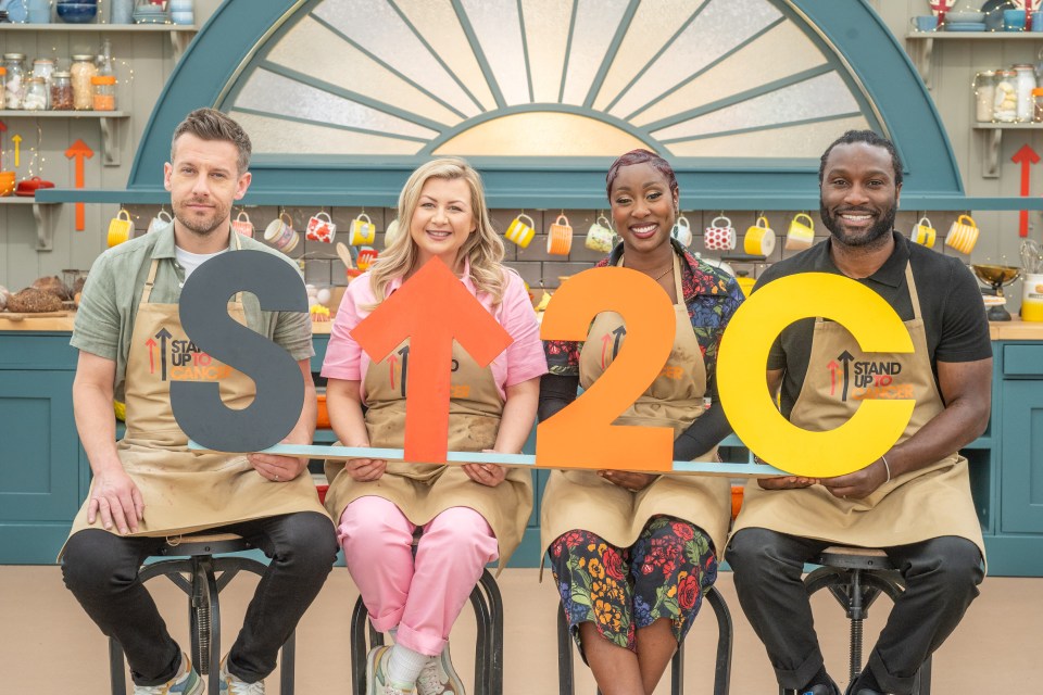 Four celebrities holding up the numbers 120 for Stand Up To Cancer.