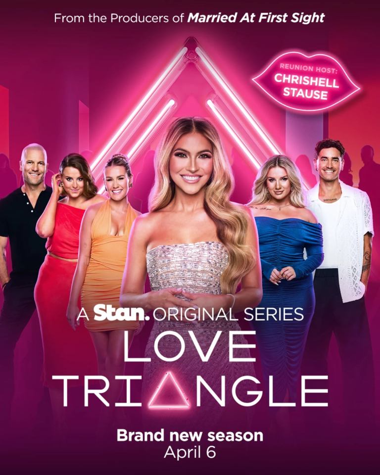 Promotional image for the Stan Original Series *Love Triangle*, featuring the cast and reunion host Chrishell Stause.