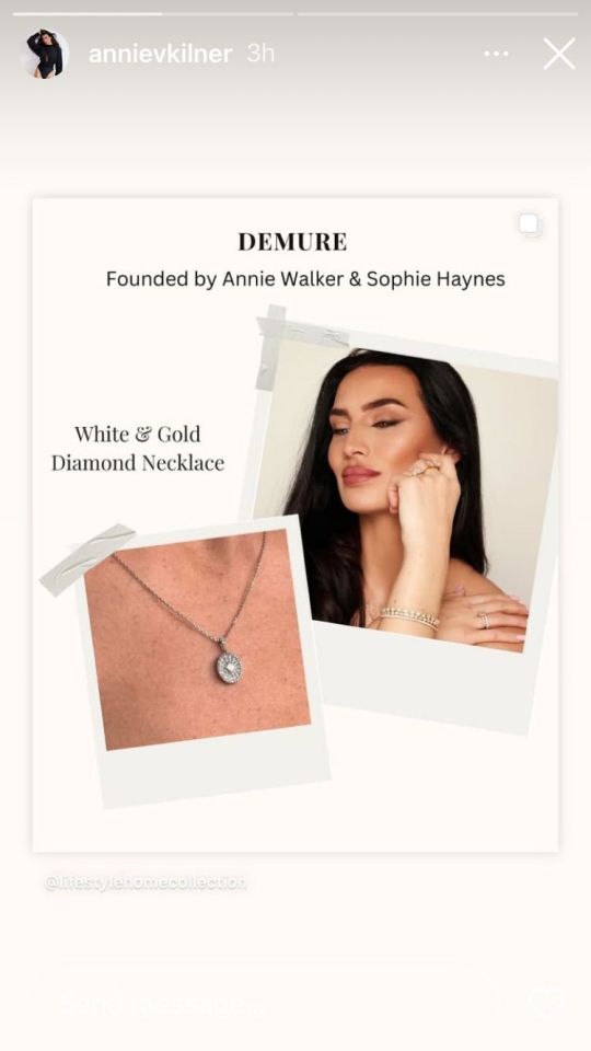 Collage of a white and gold diamond necklace and a woman wearing jewelry from the Demure brand, founded by Annie Walker & Sophie Haynes.