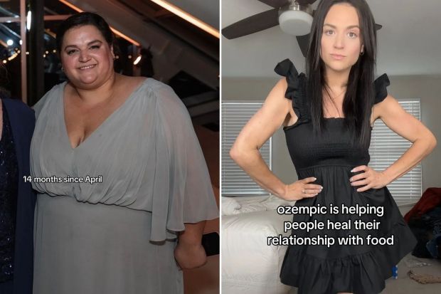 An image collage containing 2 images, Image 1 shows Woman in gray dress fourteen months after April, Image 2 shows Woman in black dress; text overlay: &quot;Ozempic is helping people heal their relationship with food.&quot;