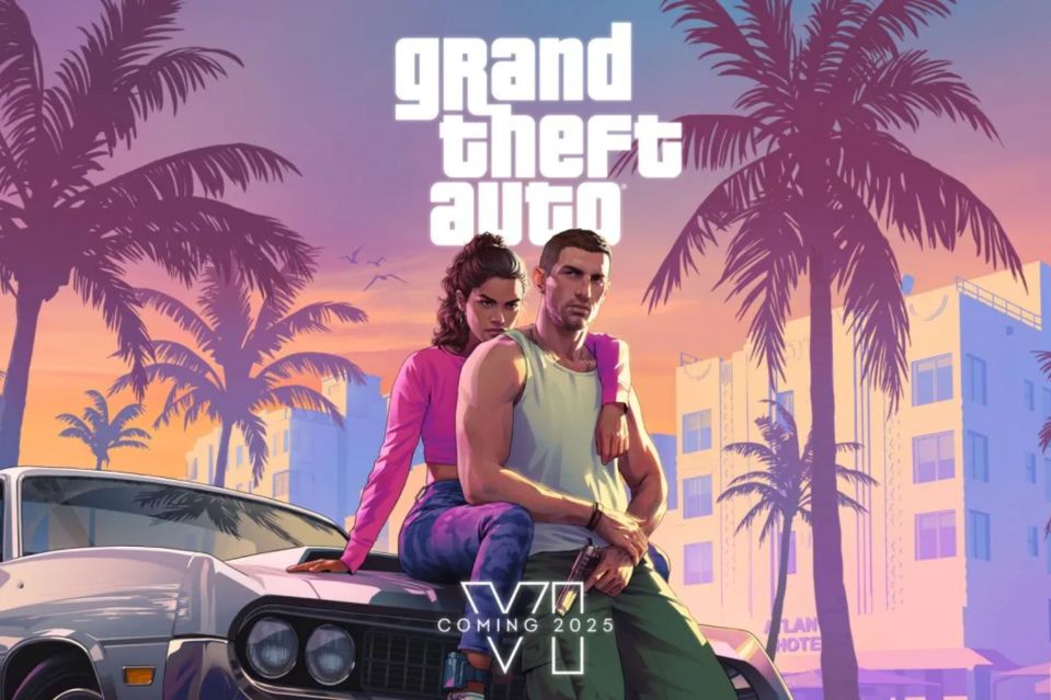 An image collage containing 1 images, Image 1 shows Grand Theft Auto VI artwork: a man and woman sitting on a vintage car in a Miami-inspired setting.  Coming 2025