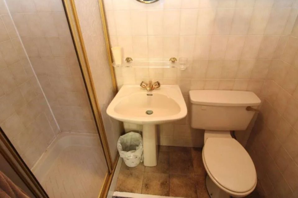 An image collage containing 1 images, Image 1 shows Small bathroom with shower, sink, and toilet