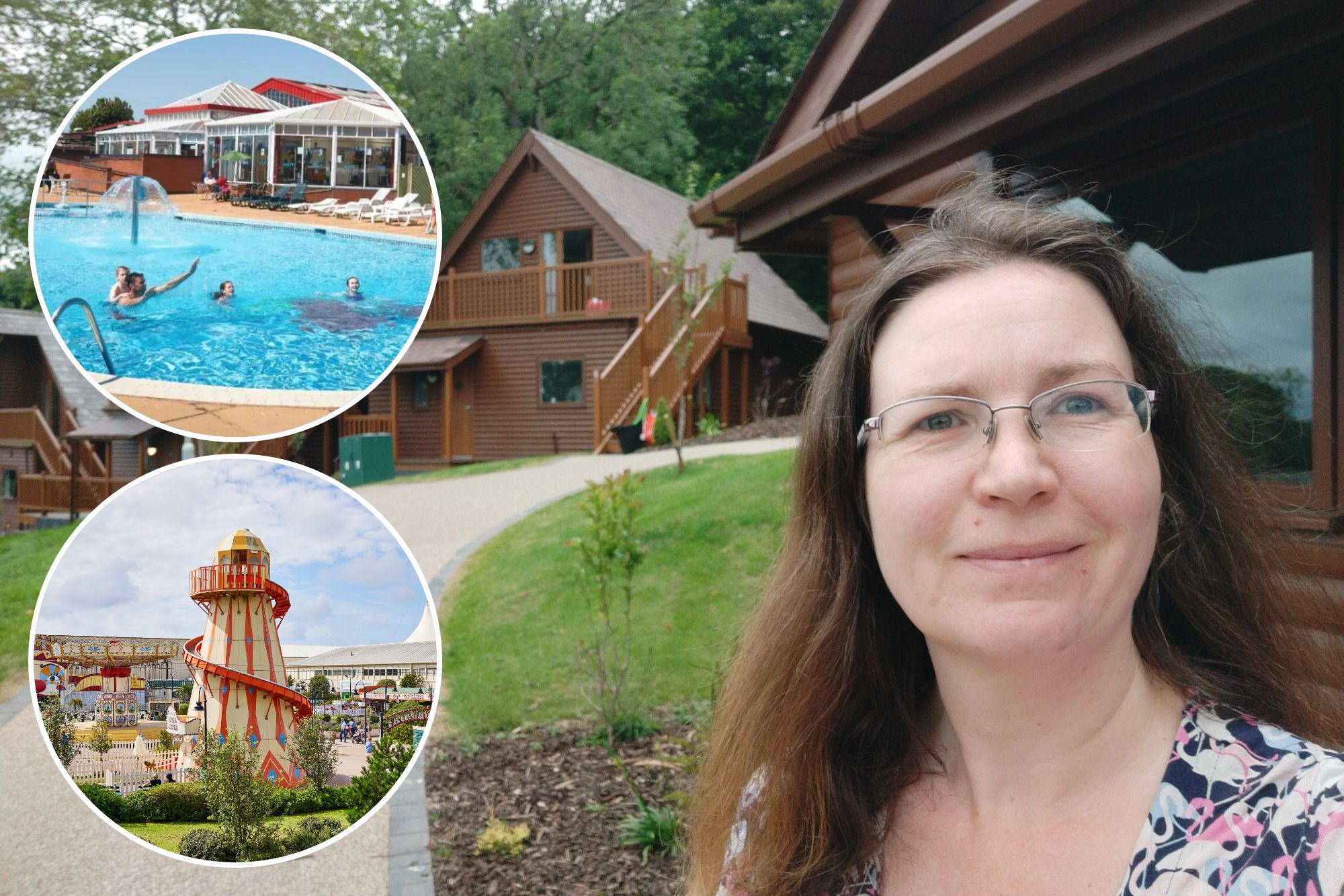 An image collage containing 3 images, Image 1 shows Woman in glasses standing outside cabins, Image 2 shows People swimming and relaxing at an outdoor pool, Image 3 shows Butlins fairground with carousel and helter skelter