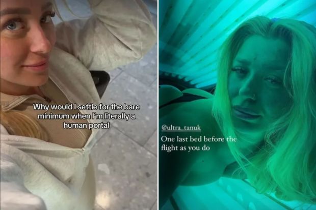 An image collage containing 2 images, Image 1 shows Screenshot of a woman in a beige jacket with text overlay: &quot;Why would I settle for the bare minimum when I'm literally a human portal&quot;, Image 2 shows Woman in tanning bed before flight