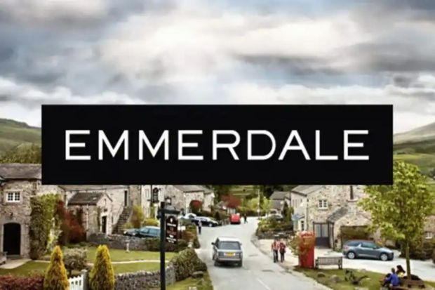 An image collage containing 1 images, Image 1 shows Emmerdale title card over a village scene