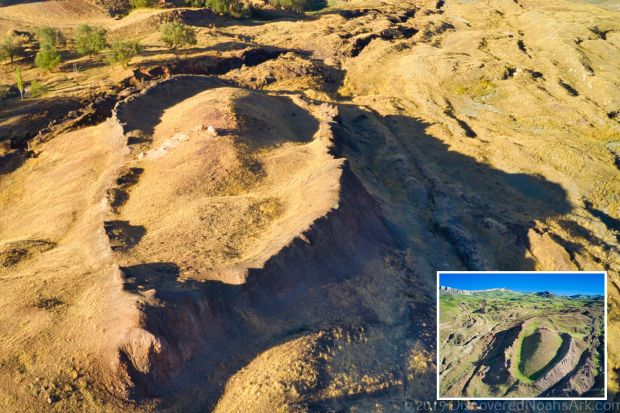 An image collage containing 2 images, Image 1 shows Aerial view of the Durupinar site, a geological formation in Turkey, believed by some to be Noah's Ark, Image 2 shows Aerial view of the Durupinar site in Turkey, a geological formation believed by some to be Noah's Ark