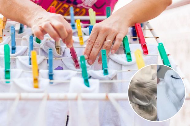 An image collage containing 2 images, Image 1 shows Woman hanging socks on a clothesline, Image 2 shows Dirty and clean white socks