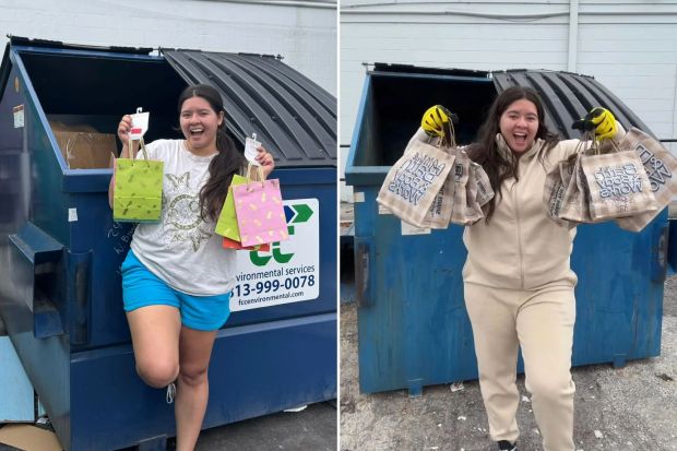 An image collage containing 2 images, Image 1 shows Woman standing by dumpster holding reusable shopping bags filled with salvaged items, Image 2 shows Woman holding bags of items retrieved from a dumpster