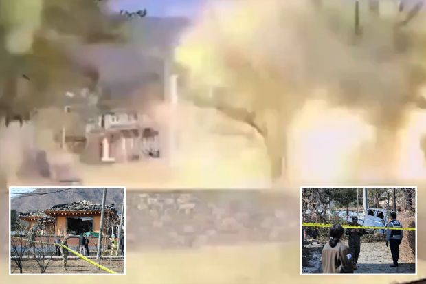 An image collage containing 3 images, Image 1 shows Blurry image of a stone wall and buildings, Image 2 shows Bomb damage to a house in South Korea, Image 3 shows Damage to a vehicle and surrounding area after a bomb accident