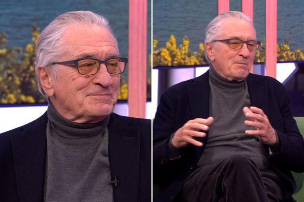 An image collage containing 2 images, Image 1 shows Robert De Niro in an interview, Image 2 shows Robert De Niro and a woman sitting on a green couch