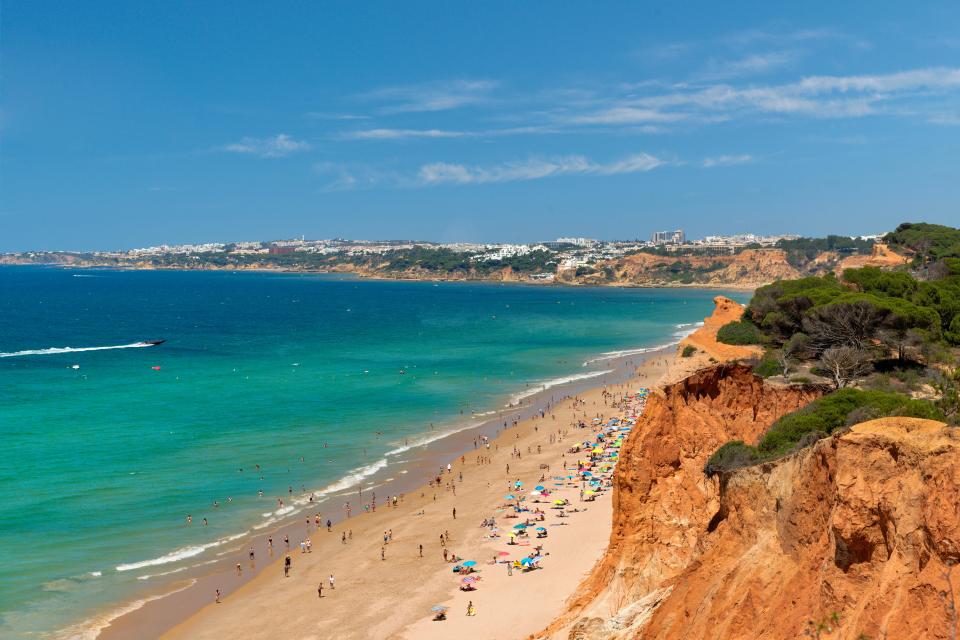 Aerial view of Praia da Falesia beach in Albufeira, Portugal.