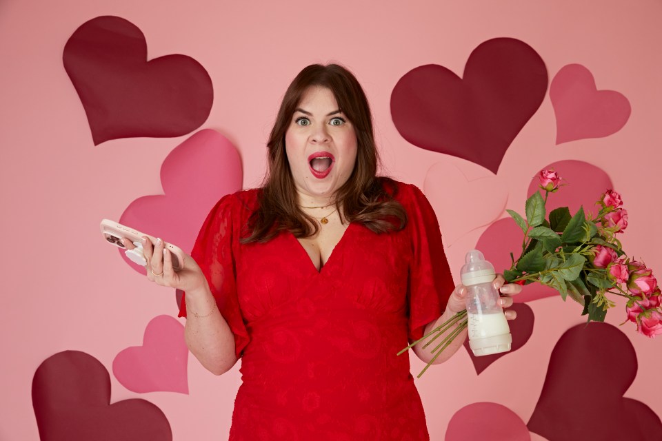 A surprised single mother holding a phone, baby bottle, and roses against a pink background with hearts.