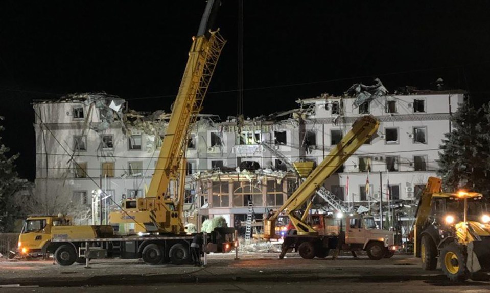 Damaged hotel after missile attack.