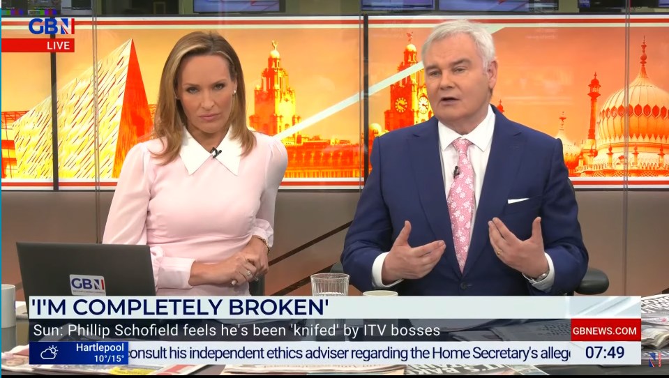 Screenshot of Eamonn Holmes and Isabel Webster on GB News discussing Phillip Schofield.