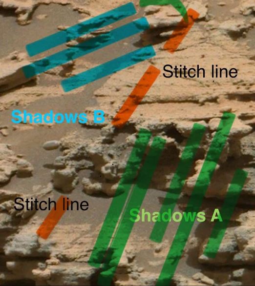 Mars surface image with highlighted stitch lines and shadows.