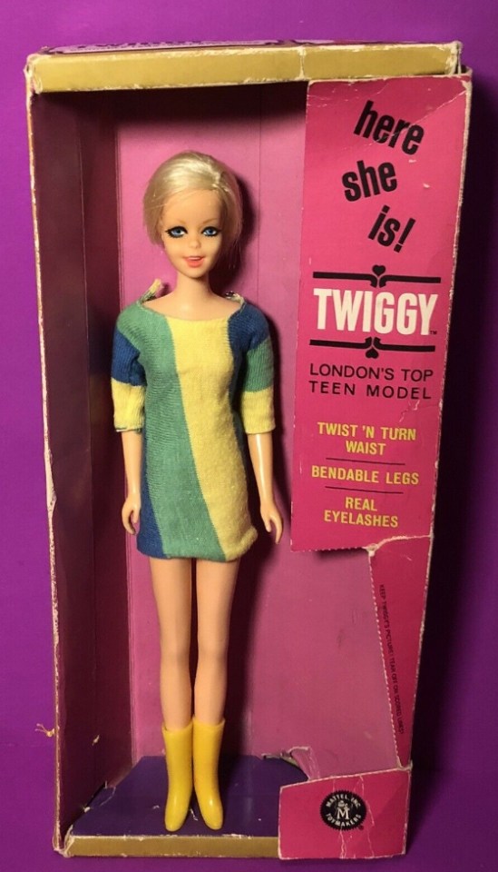 Twiggy Barbie doll in its box.