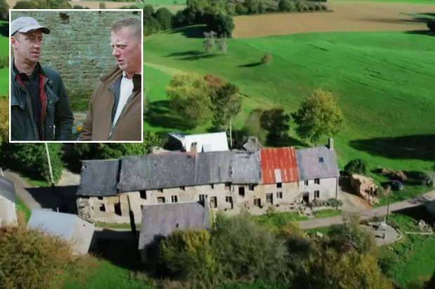 An image collage containing 2 images, Image 1 shows Aerial view of a 200-year-old French village, Image 2 shows Two men talking in front of a stone wall